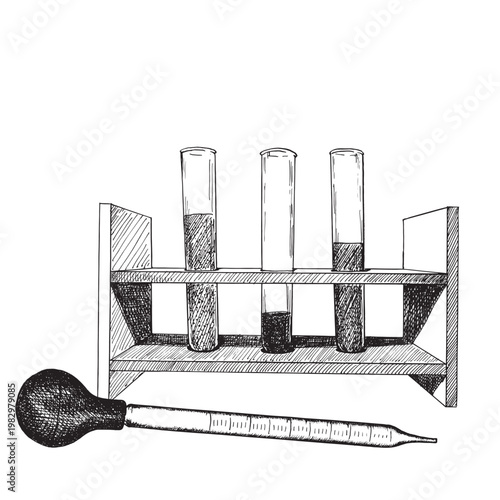 Laboratory test tubes on a stand and a pipette in an engraved style. Vector composition for designing scientific events, educational materials, and medical materials.