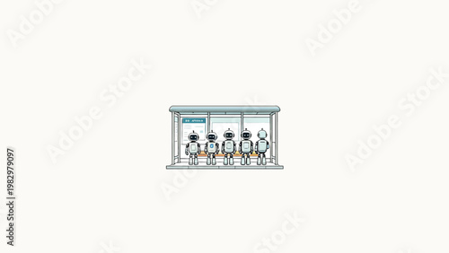 Five identical retro-style robots waiting in line at a minimalist bus stop on a plain off-white background, simple line art illustration with soft muted tones