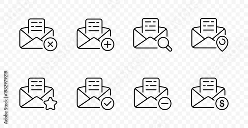 Email action set icon. Message delete, add, search, location, favorite, approve, block, payment notice, inbox management, communication workflow
