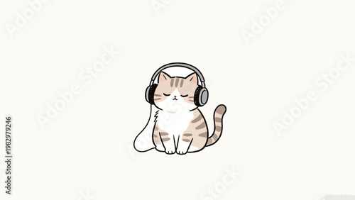 Cute minimalist line art illustration of a relaxed tabby cat wearing over-ear headphones, sitting calmly with closed eyes enjoying music, plain off-white background, soft neutral warm color palette