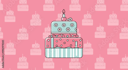 A festive tiered cake with a lit candle and floral decoration on a pink background