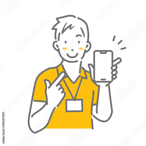 スマホの画面を指差すフィットネスクラブのインストラクター　シンプルでお洒落な線画イラスト
