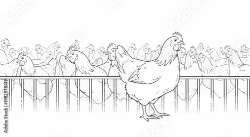 A flock of chickens is depicted standing behind a fence in a simple line drawing