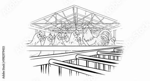 A flock of chickens rests inside a wire-frame structure with tiered platforms