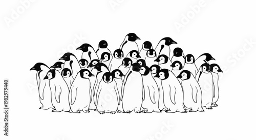 A flock of penguins huddled together in a black and white sketch