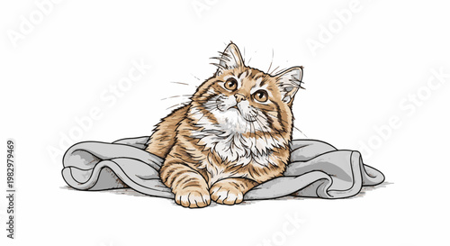 A fluffy ginger kitten with wide eyes lies comfortably on a grey blanket