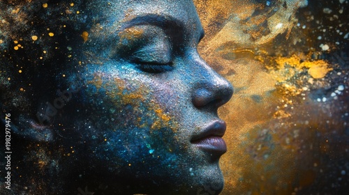 Close-up of a woman's face, adorned with shimmering, cosmic paint
