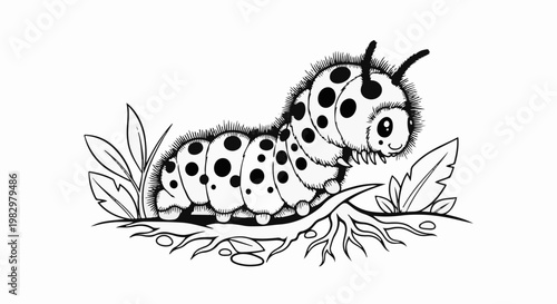 A fluffy, segmented caterpillar with black spots smiles amongst leaves and twigs