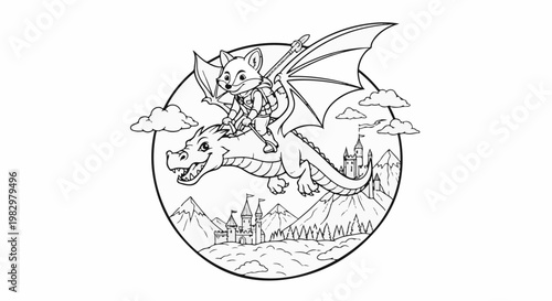A fox knight rides a dragon over castles and mountains