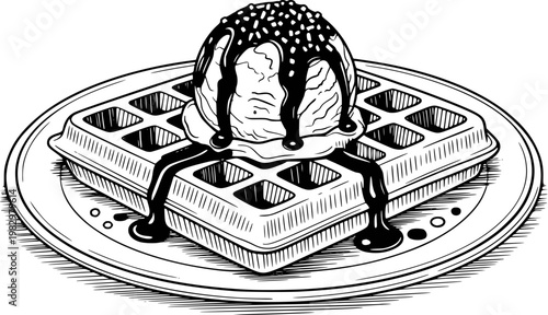 Detailed black and white of a waffle with ice cream and chocolate syrup drizzle a plate