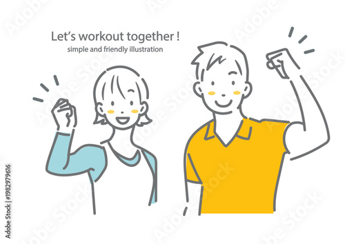 ポジティブで笑顔のフィットネスクラブのインストラクター　シンプルでお洒落な線画イラスト