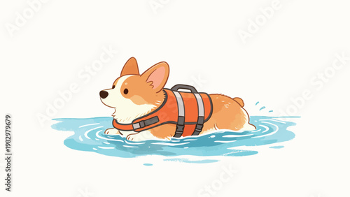 Cute Illustration of a Pembroke Welsh Corgi Wearing an Orange Life Vest Swimming in Gentle Blue Water Against a Plain Soft White Background