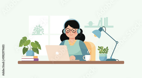Flat vector illustration of a young woman working from home on a laptop, female freelancer with headphones at a cozy desk, remote work and online education concept