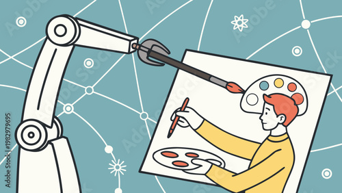Robot and human hand holding stylus creating digital painting together symbolizing collaboration between ai and creativity