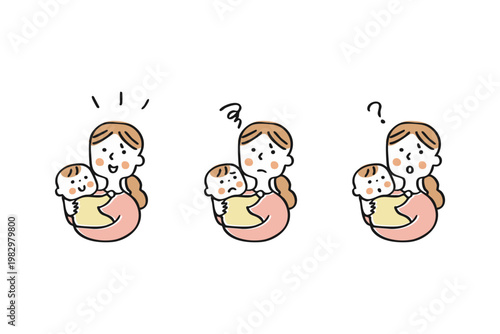 母親と赤ちゃん親子のリアクションセット　バリエーション笑顔、不満、はてな