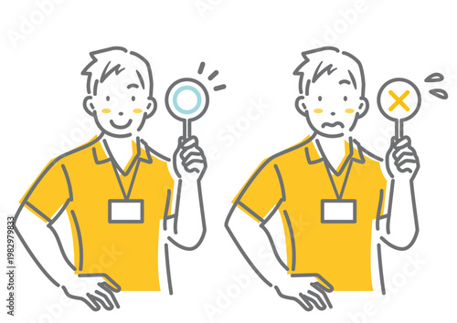 マルバツのプレートを見せながら説明をするスポーツインストラクター　シンプルでお洒落な線画イラスト