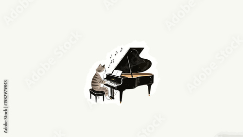 A Charming Whimsical Illustration of a Striped Domestic Cat Enthusiastically Playing a Grand Piano, Floating Musical Notes, Minimalist Plain Off-White Background, Cozy Gentle Art Style