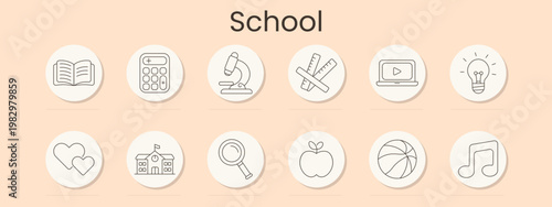 School set icon. Open book, calculator, microscope, ruler, laptop, bulb, hearts, building, magnifier, apple, basketball, music note, education, learning, classroom
