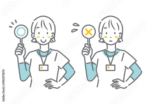 マルバツのプレートを見せながら説明をするスポーツインストラクター　シンプルでお洒落な線画イラスト