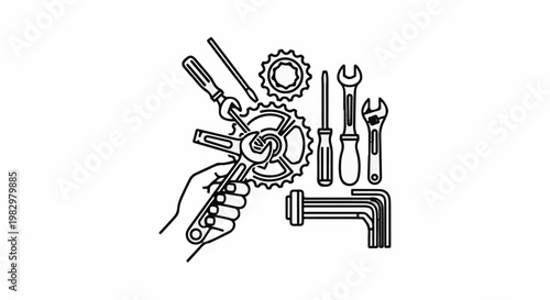 A hand holds a wrench, working on a bicycle gear with tools