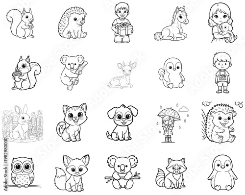 Cute Hand-Drawn Animals and Children Vector Illustration Set