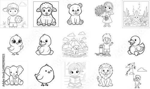 Cute Animal Coloring Pages Vector Illustration Set