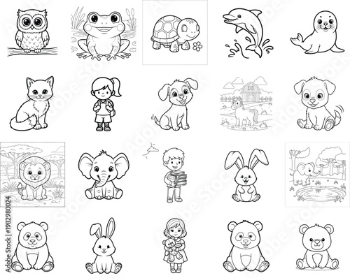 Cute Cartoon Animal and Child Illustrations Collection, Vector Art