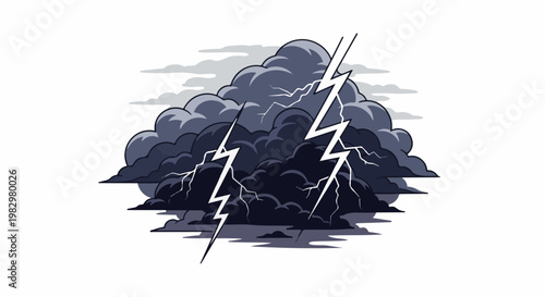 A dramatic stormy sky with dark clouds and bright lightning strikes