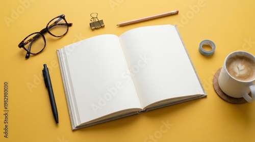 Wallpaper Mural Flat lay of office supplies and coffee on yellow background for productivity Torontodigital.ca