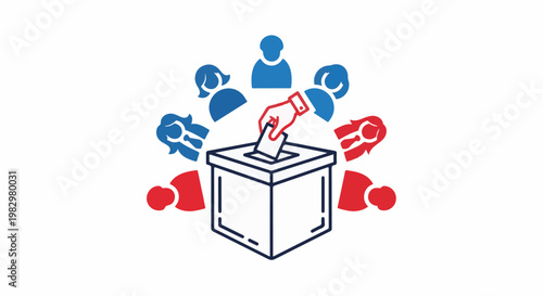 A hand places a ballot into a box surrounded by stylized figures