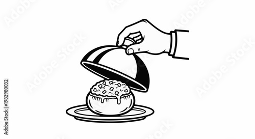 A hand lifts a domed lid revealing a savory dish