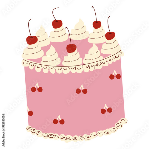 Vintage cherry cake in coquette retro style, richly decorated with cream and berries. Cartoon flat illustration with doodle accents, isolated on white background.