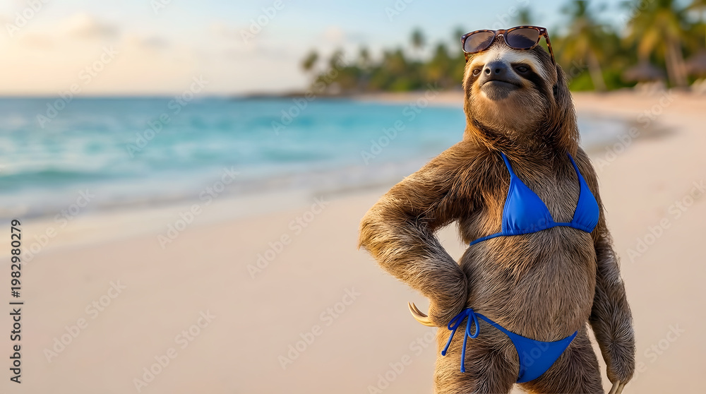 Fototapeta premium Funny sloth in blue bikini and sunglasses relaxing on tropical beach with copy space