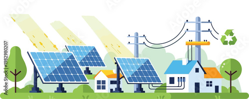 Solar energy system with photovoltaic panels and residential houses, renewable power grid infrastructure, sustainable green energy concept vector