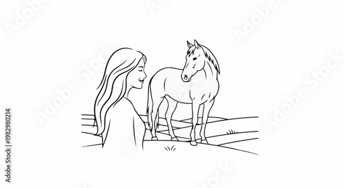 A girl with long hair looks lovingly at a standing horse