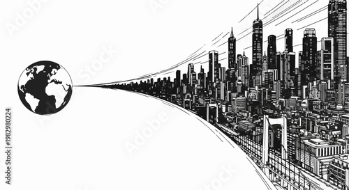 A globe emits a stylized, fast-moving wave of energy towards a sprawling cityscape