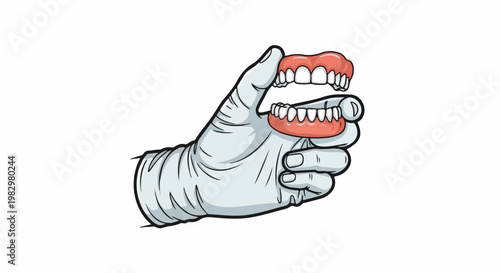 A gloved hand holds a set of artificial teeth