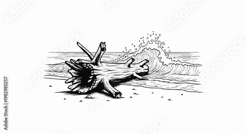 A gnarled driftwood log rests on a sandy beach as a wave crashes behind it