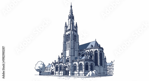 A gothic style church with a tall spire, surrounded by trees