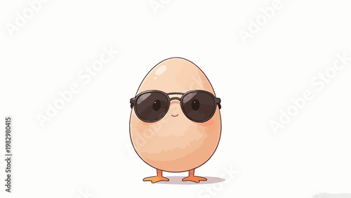 Cute Anthropomorphic Egg Character Wearing Black Sunglasses, Charming Cartoon Style Illustration on Plain Clean White Background, Cheerful Cool Mood with Soft Warm Neutral Tones