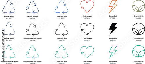Recycle, reuse, renewable icons. Vector thin line outline stroke illustration signs in triangle, drop, heart, leaves and bolt shape