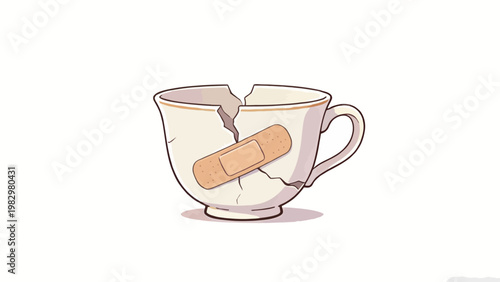 Minimalist Illustration of a Cracked Broken Ceramic Teacup Repaired with a Single Adhesive Bandage, Symbolizing Healing and Imperfect Wholeness on a Plain Clean Background