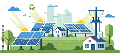 Sustainable solar energy farm with photovoltaic panels and residential houses, renewable green power infrastructure, eco friendly smart city vector