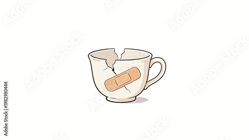 Minimalist Illustration of a Heavily Cracked Broken Teacup Repaired With a Single Adhesive Bandage, Symbolizing Imperfect Healing on a Plain White Background