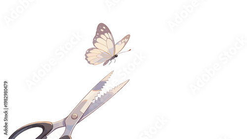 A Tense Minimalist Digital Illustration Featuring an Open Serrated Pair of Scissors and a White Butterfly Flying Between Open Blades Against a Plain White Background