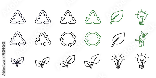 Recycle, reuse, renewable icons. Vector thin line outline stroke illustration signs in triangle, drop, heart, leaves and bolt shape