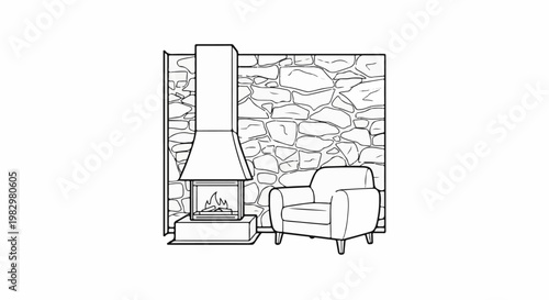 A cozy fireplace with a comfortable armchair against a stone wall