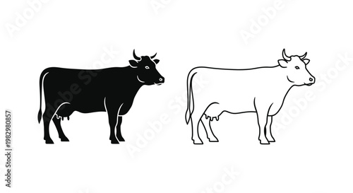 Minimalist cow silhouette and line art vector, black and white dairy cattle icons, farm animal profile illustrations for butchery and dairy logos