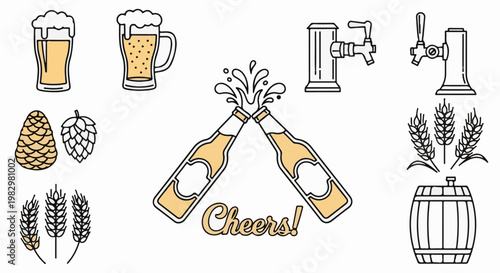 A collection of simplified beer-related icons including mugs, taps, hops, wheat, and barrels