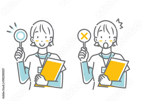A sports instructor explains while showing true/false plates. Simple and stylish line drawing illustration.